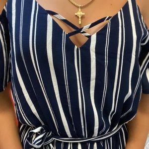 blue and white striped jumpsuit